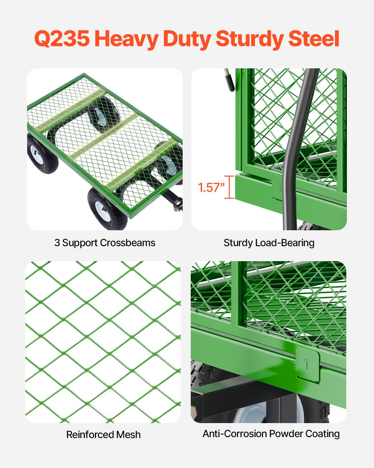 Q235 Heavy Duty Sturdy Steel

1.57"
3 Support Crossbeams
Sturdy Load-Bearing
Reinforced Mesh
Anti-Corrosion Powder Coating