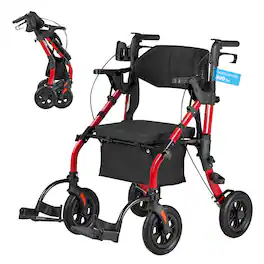 VEVOR - 2-in-1 Rollator Walker & Transport Chair for Seniors, Foldable Rolling Walker Wheelchair, Lightweight Aluminum Mobility - Black;Red