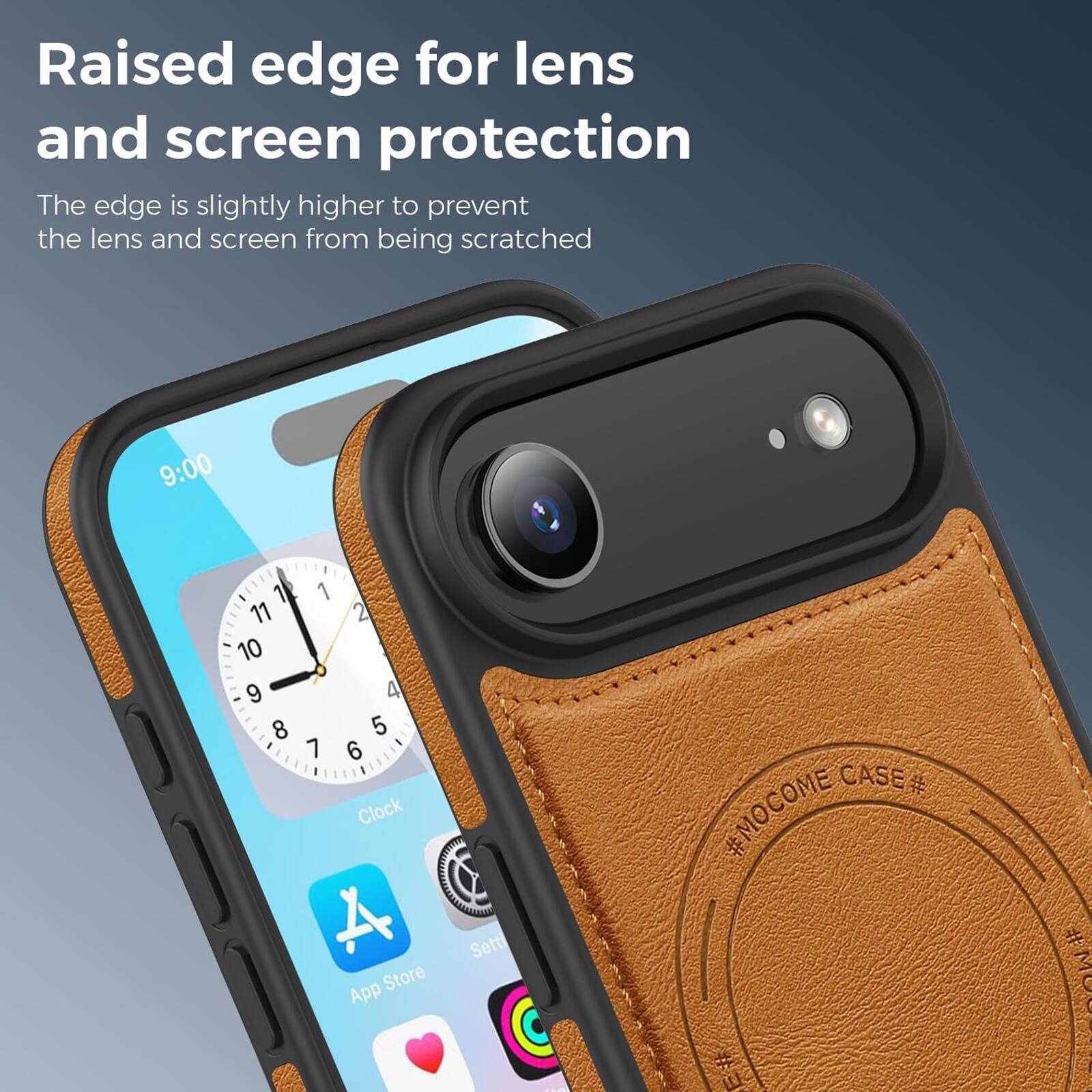 Raised edge for lens and screen protection  
The edge is slightly higher to prevent the lens and screen from being scratched  

9:00  
1 1 11 2 10 9 4 8 5 7 6  

Clock  
App Store  
Settings  

#MOCOME CASE #  
#MROM
