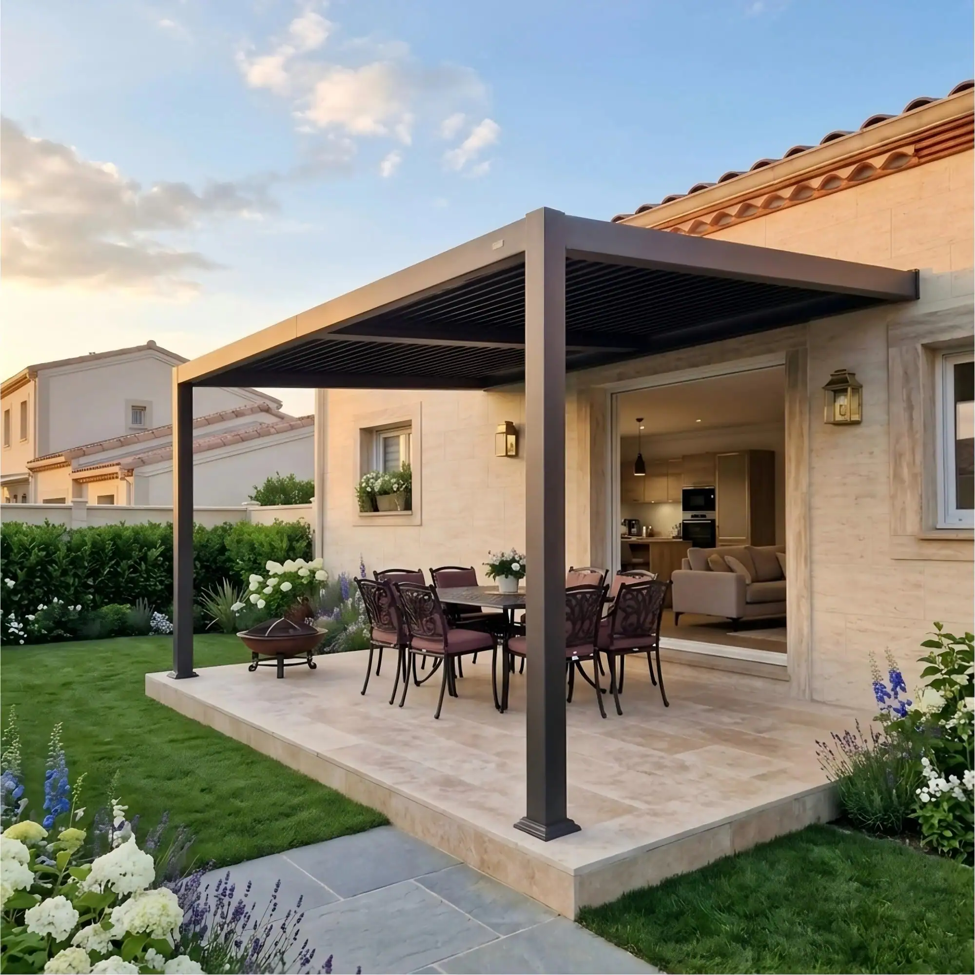 Back. PURPLE LEAF - 10'×12' Wall Mounted Louvered Pergola Aluminum Frame with Adjustable Roof Hidden Gutter Drainage for Patio Garden Yard - Gray.