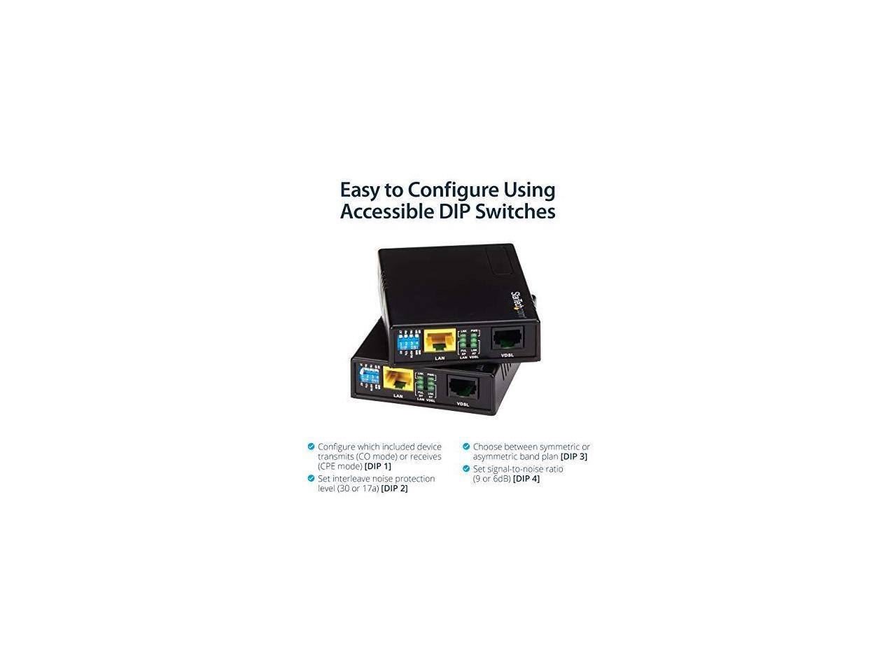 Easy to Configure Using Accessible DIP Switches

- Configure which included device transmits (CO mode) or receives (CPE mode) [DIP 1]
- Set interleave noise protection level (30 or 17a) [DIP 2]
- Choose between symmetric or asymmetric band plan [DIP 3]
- Set signal-to-noise ratio (9 or 6dB) [DIP 4]
