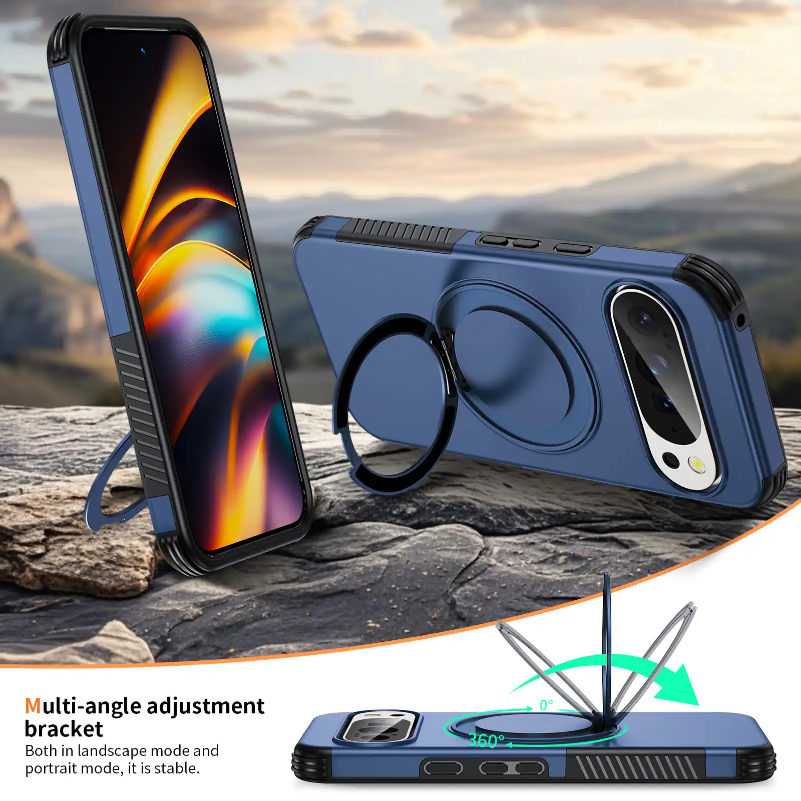 Multi-angle adjustment bracket  
Both in landscape mode and portrait mode, it is stable.  
360°