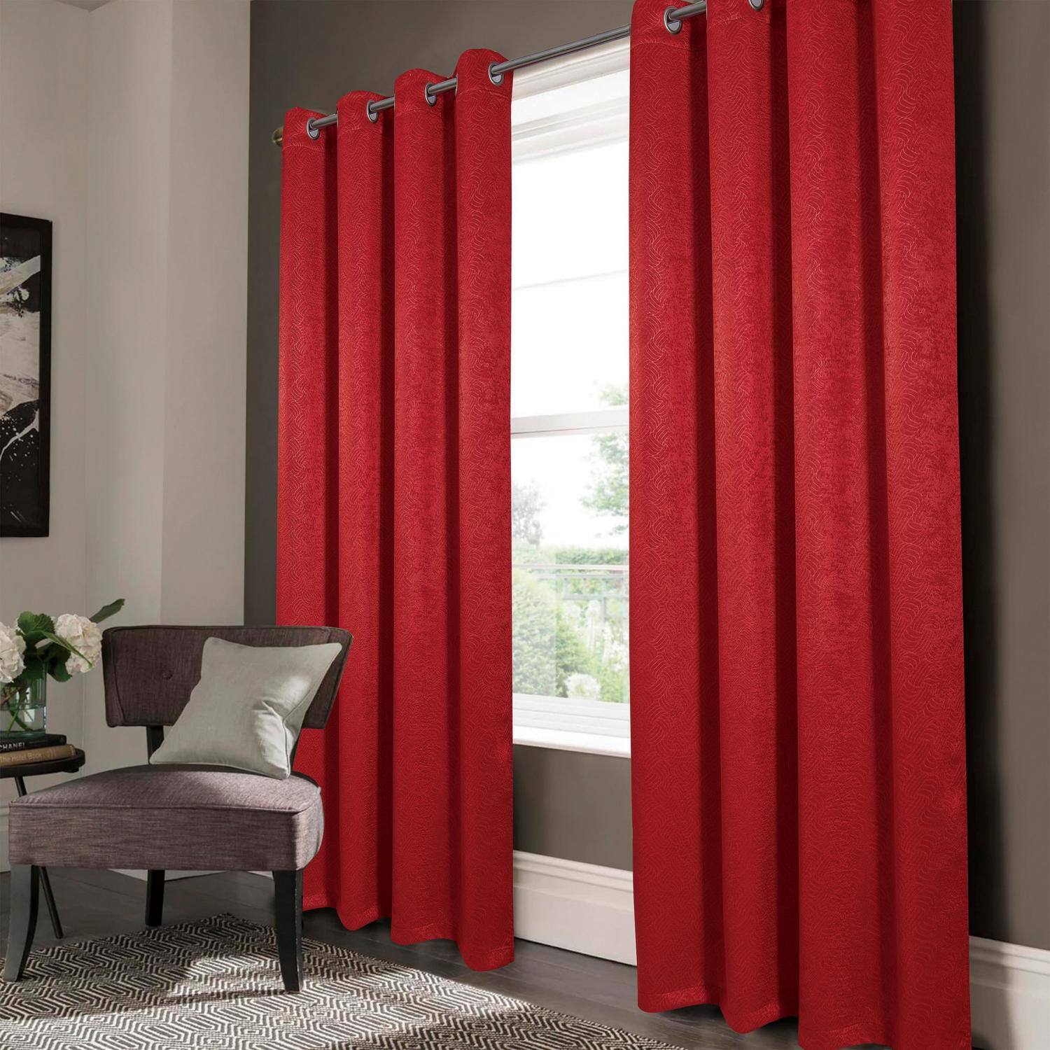 Front. RT Designers Collection - RT Designers Nellie Embossed Blackout Grommet Curtain Panel in Red - Red.