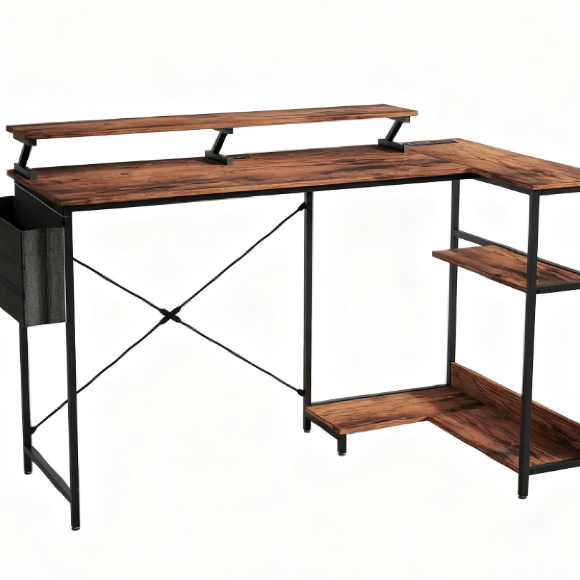 Angle. GOODSILO - Reversible L-Shaped Corner Computer Desk with Integrated Monitor Stand, Power Station, and RGB LED Lighting - Rustic Brown.