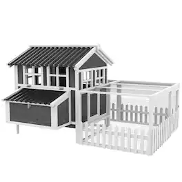 Pawhut - 68" x 59" x 42" Gray Wooden Chicken Coop with Run, Nesting Box, Removable Tray & Fence for 1-2 Chickens