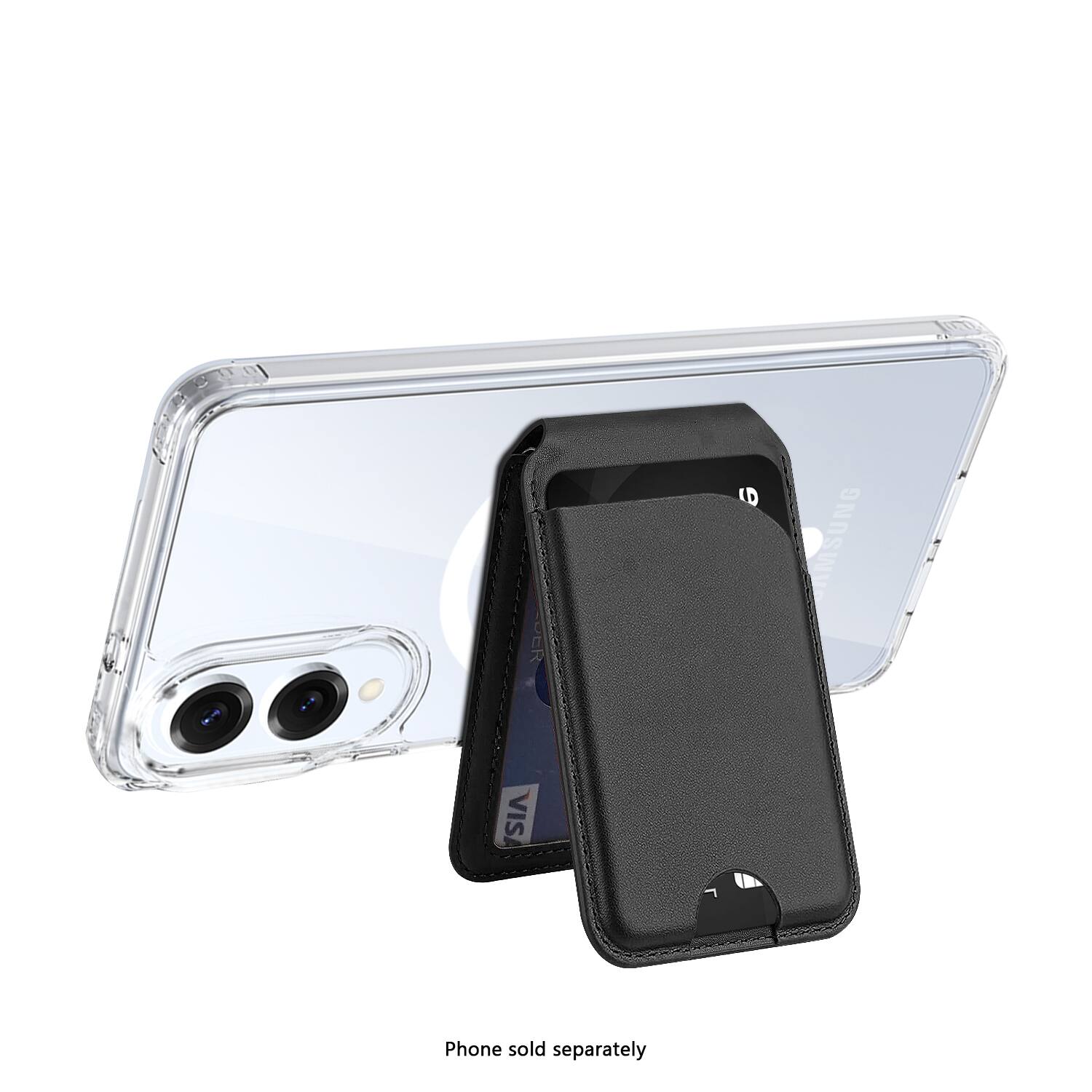 The image features a Samsung phone with a clear case on it. The phone is placed on top of the case, which is a black leather case. The phone is also accompanied by a black wallet case. The phone is sold separately, as indicated by the text.