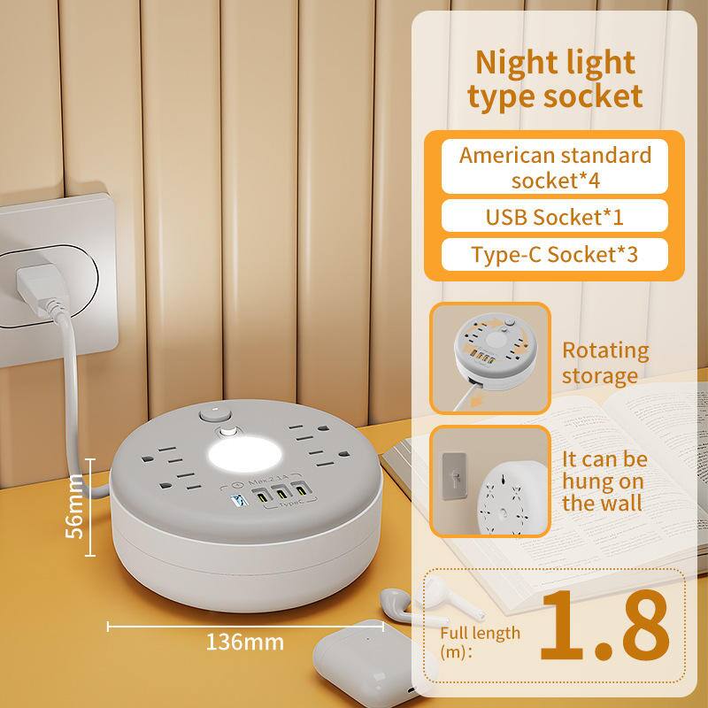 Night light type socket

- American standard socket*4
- USB Socket*1
- Type-C Socket*3

Rotating storage

It can be hung on the wall

Full length (m): 1.8

Dimensions:
- 56mm
- 136mm