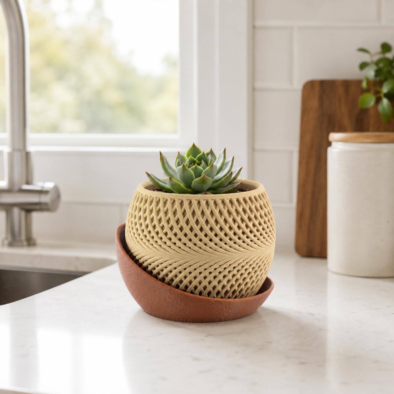 Angle. JuzToys - 3D Printed Drift Planter with Drip Tray, Small Indoor Plant Pot w/Saucer, Modern Boho Desk Shelf Decor Gift by PowerTRC - Beige|Brown.