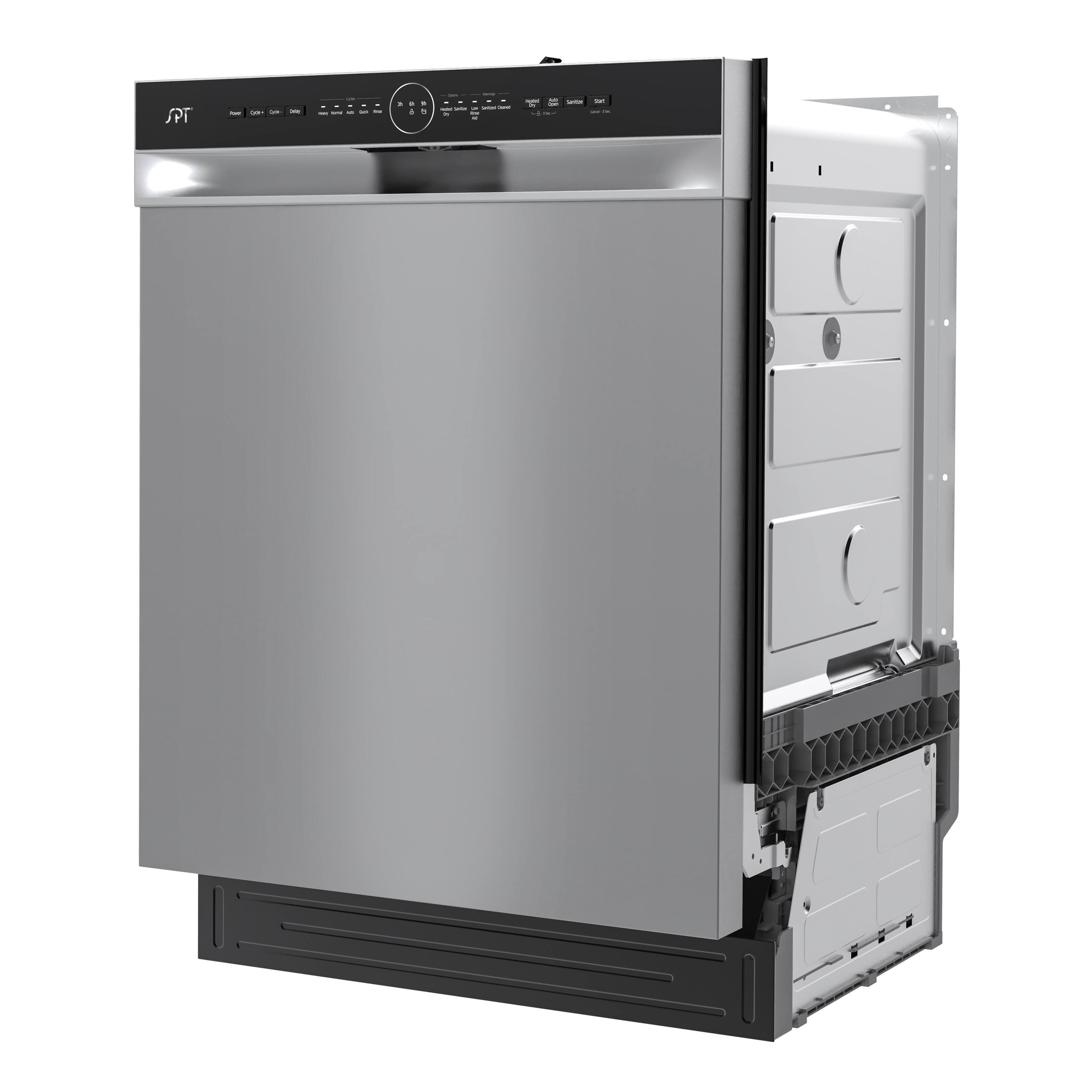 Angle. SPT - 24 in. Front Control Built-In Tall Tub Dishwasher in Stainless Steel with 3rd Rack, 5 Cycles, 54 dBA, and Smart Wash - Stainless Steel.