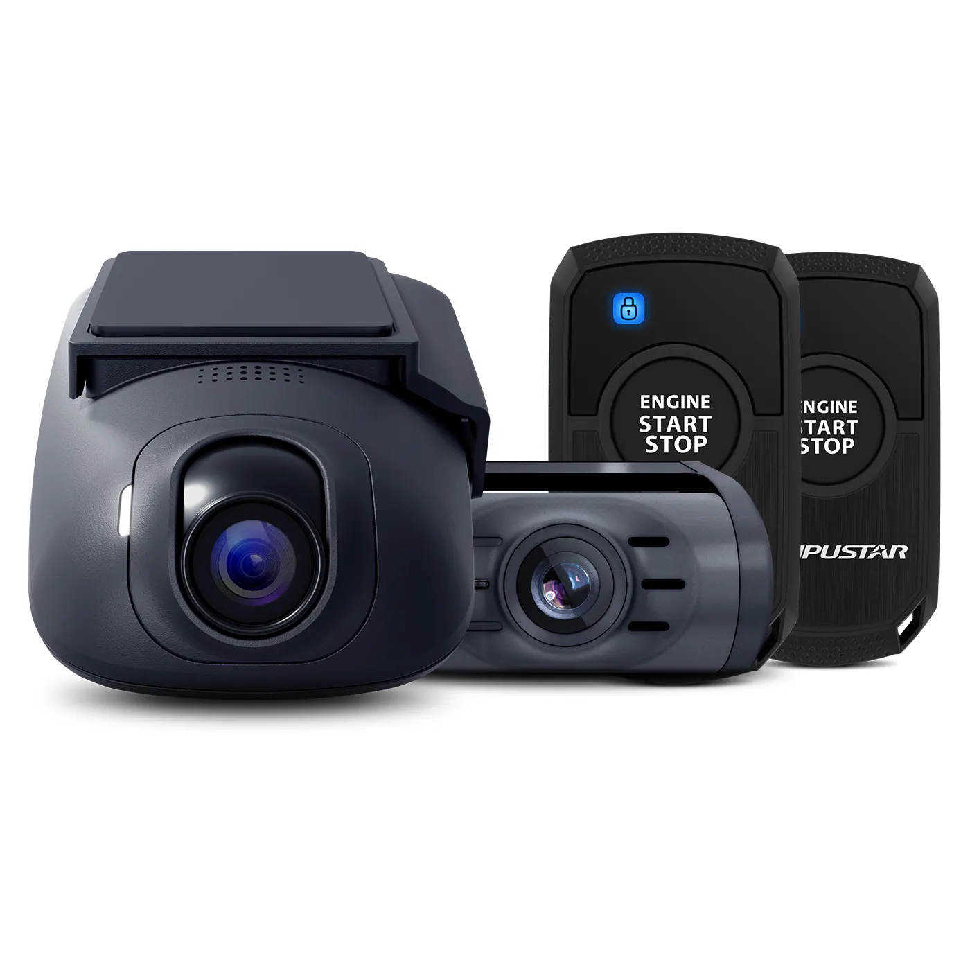 The image features a black box with a camera, which is likely a dash cam, and two engine start stop buttons. The dash cam is placed next to the buttons, and all three items are arranged in a way that showcases their features and functions.