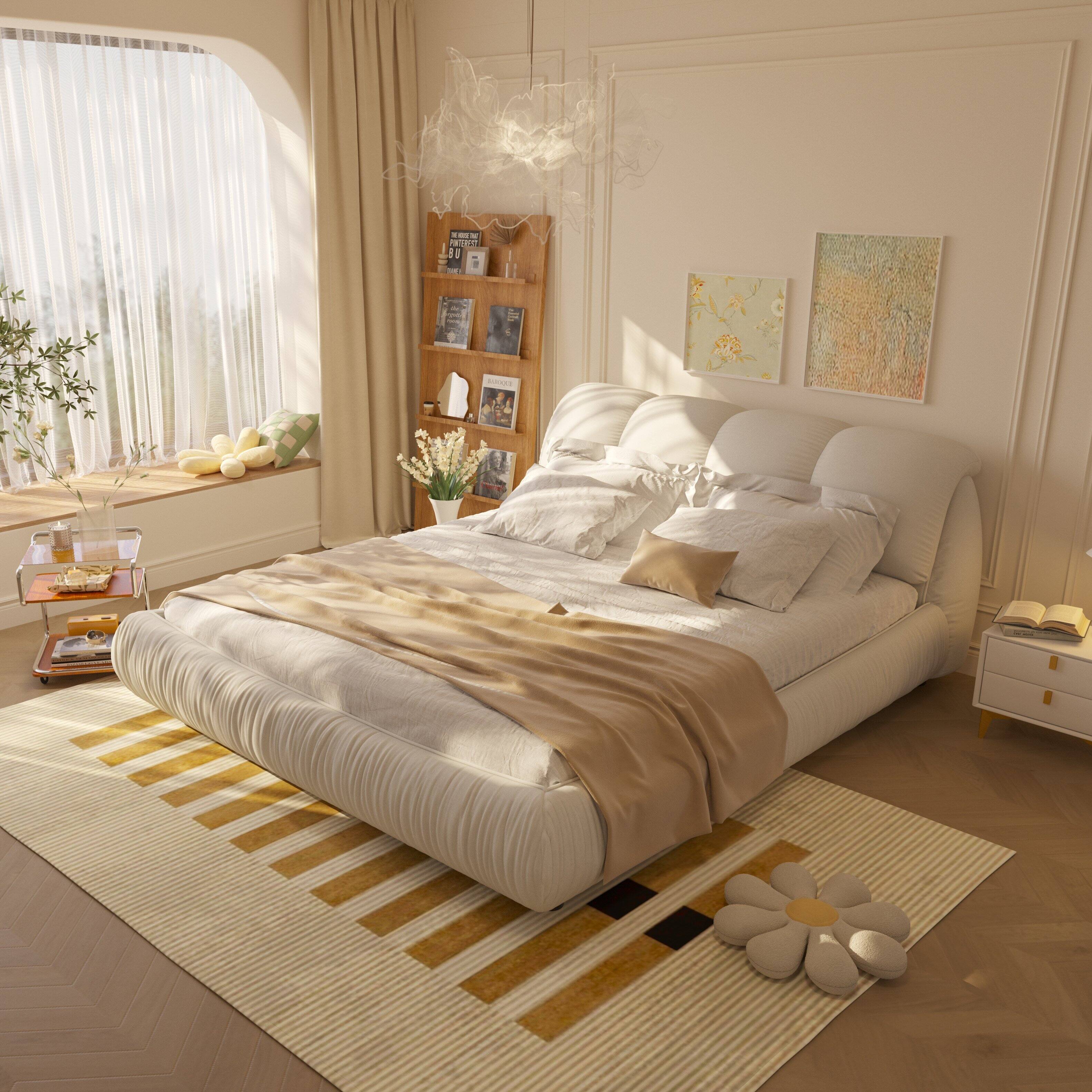 Back. Anysun - King Upholstered Platform Bed with Oversized Padded Backrest & Solid Wood Frame - Beige.