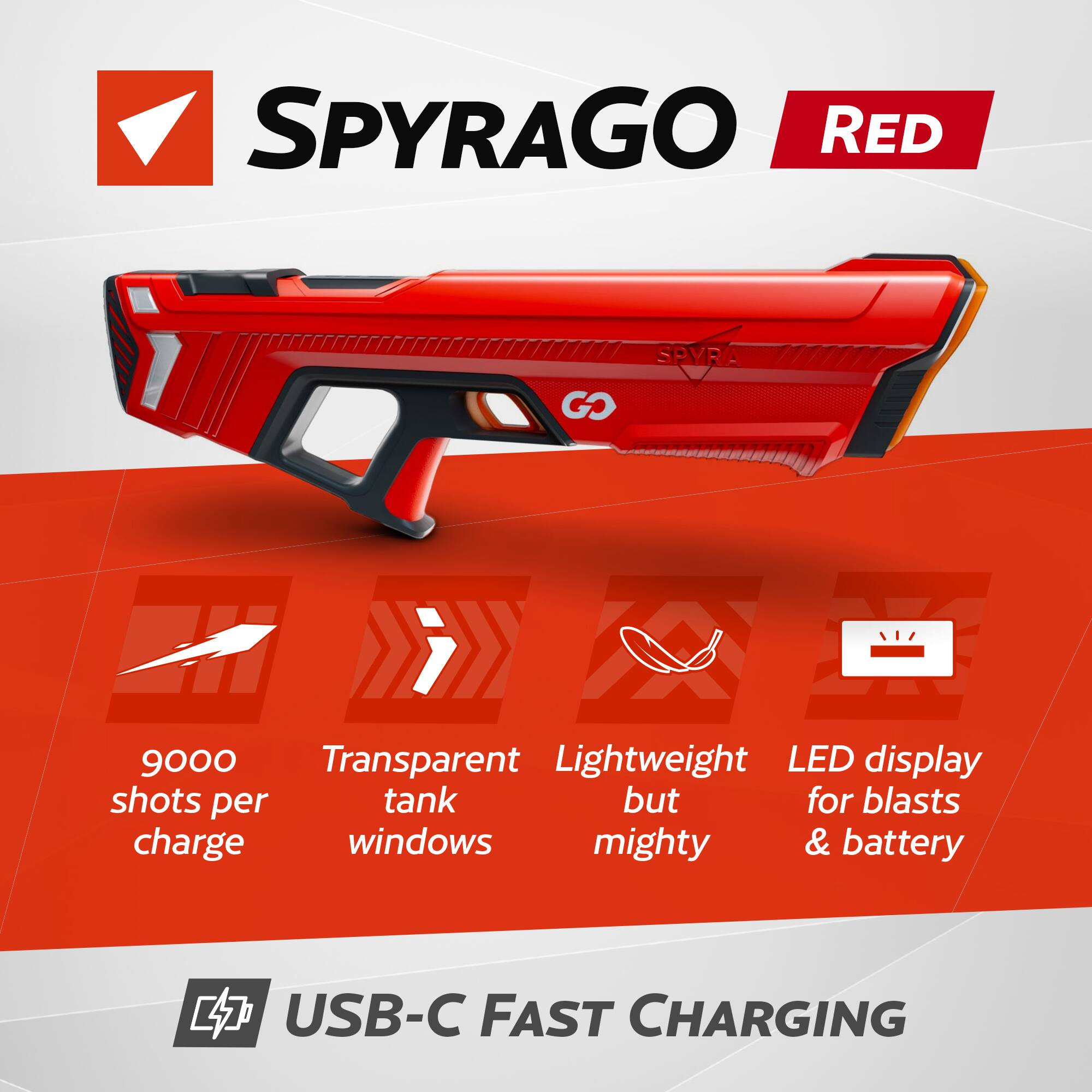 SPYRAGO RED

- 9000 shots per charge
- Transparent tank windows
- Lightweight but mighty
- LED display for blasts & battery
- USB-C FAST CHARGING