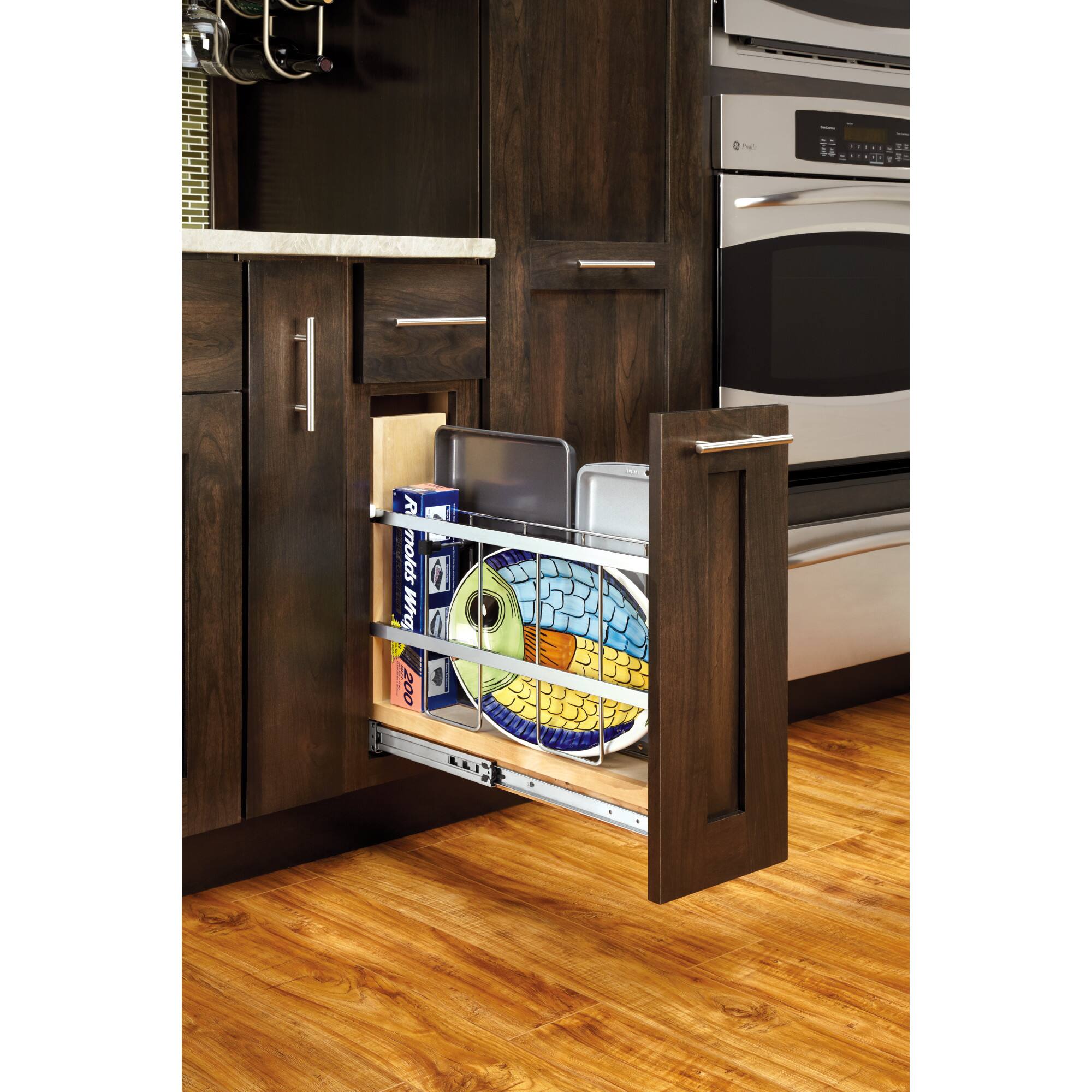 Angle. Rev-A-Shelf - 5 Inch Pull Out Tray Divider Kitchen Cabinet Organizer - Brown.