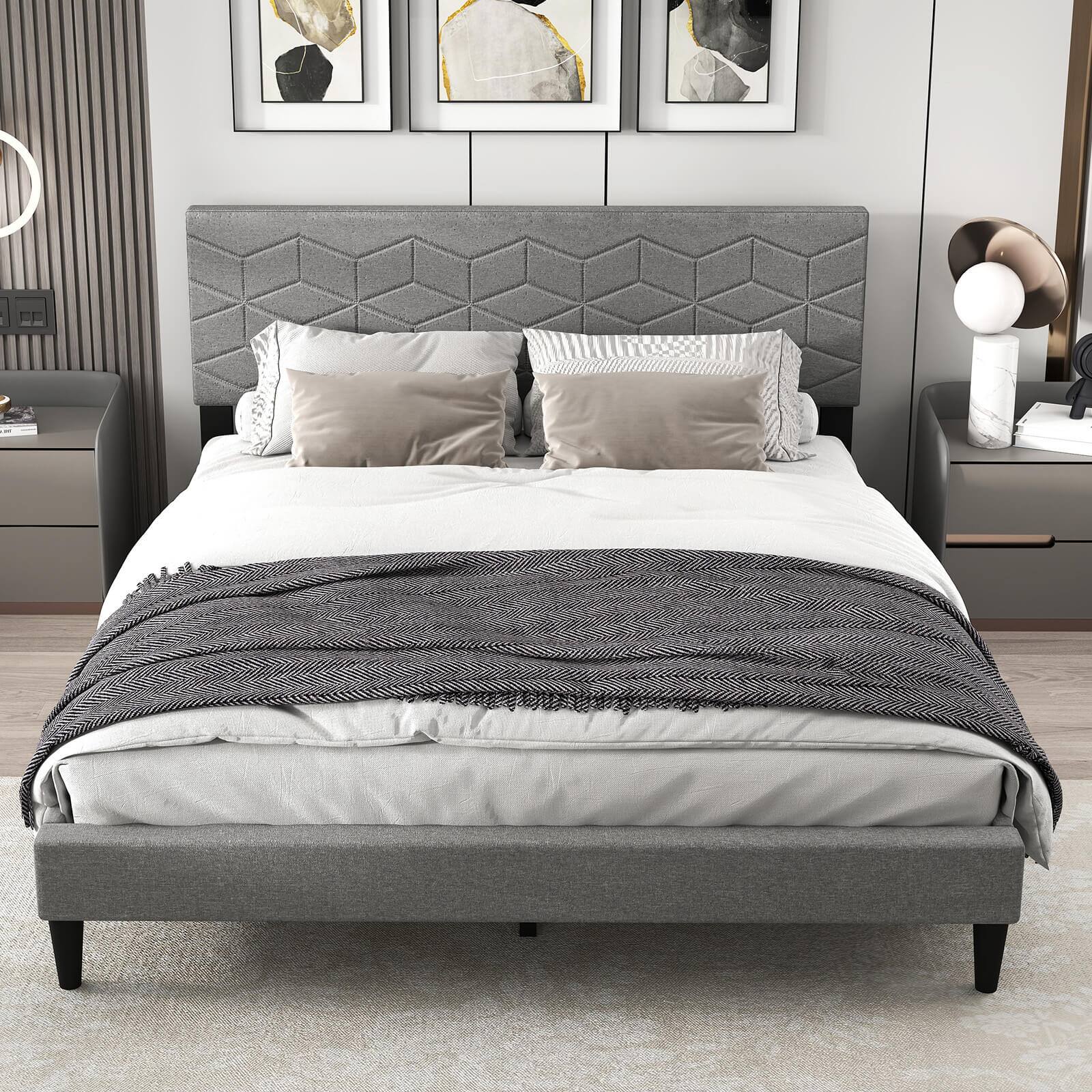 Alt View 5. Costway - Costway Queen Size Bed Frame with Linen Fabric Upholstered Headboard & Wooden Slat Support - Gray.