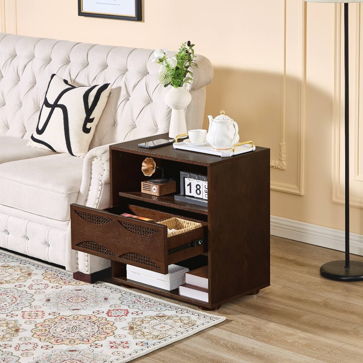 Alt View 3. Loheer - Loheer Mid Century Modern Rattan Nightstand with Charging Station, Walnut Bedside Table - Walnut.