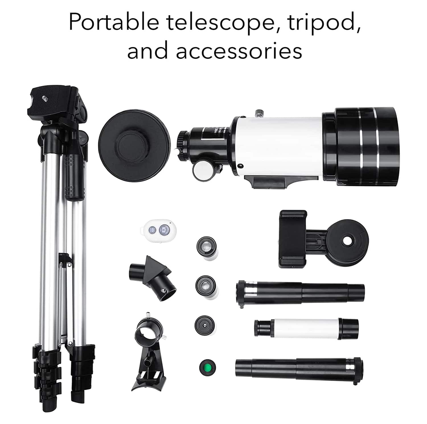 Portable telescope, tripod, and accessories