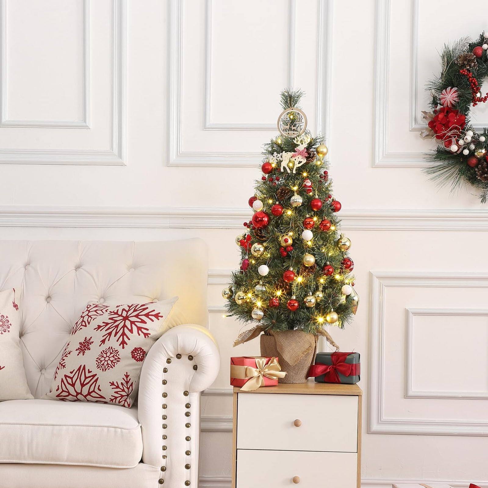 Back. Qeetex - 3ft 78LED Mini Artificial Christmas Tree Burlap Base 78 Warm White LED Lights Xmas Tree Pine Cones Red Berries Clusters - Green.