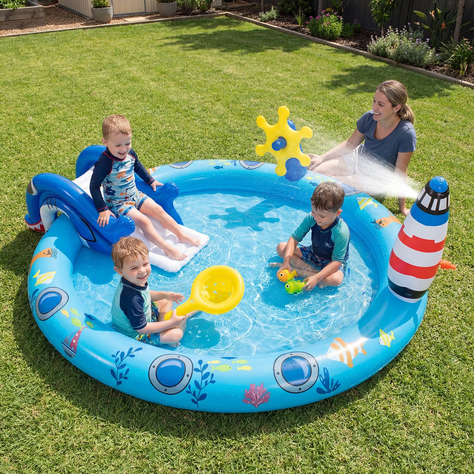 Alt View 1. Costway - Costway Inflatable Play Center with Shark-shaped Slide, Lighthouse Sprinkle for Backyard - Multi-color.