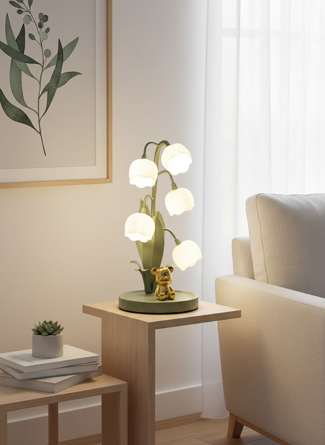 Alt View 3. FINEAK - 14.27" 3-Color Kawaii Green Flower Bedside Lamp.