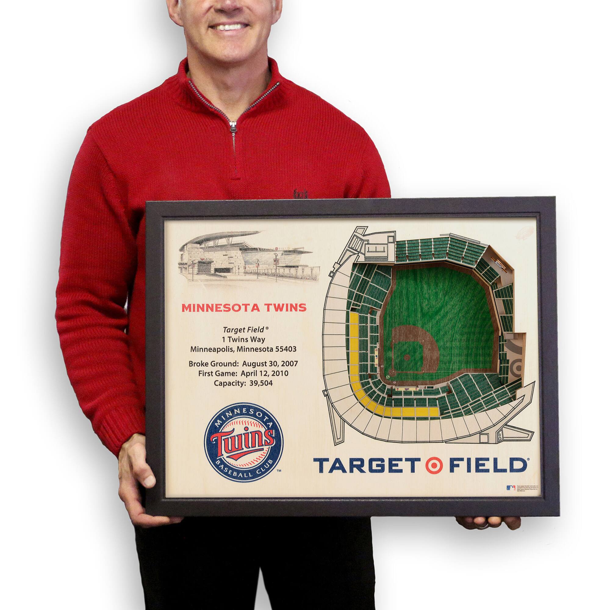 MINNESOTA TWINS  
Target Field  
1 Twins Way  
Minneapolis, Minnesota 55403  
Broke Ground: August 30, 2007  
First Game: April 12, 2010  
Capacity: 39,504  

MINNESOTA TWINS BASEBALL CLUB  

TARGET FIELD