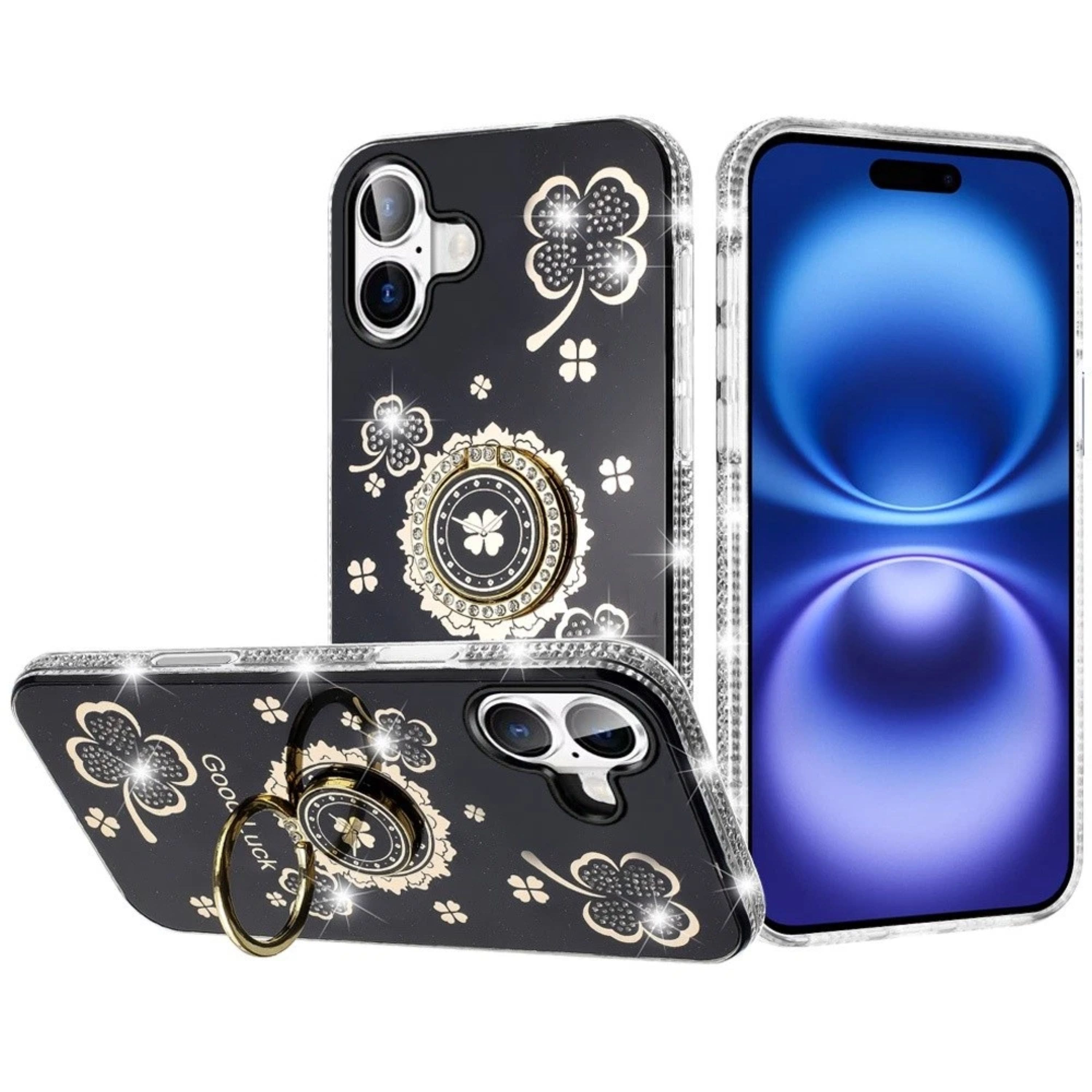 Kitcheniva - Crystal Studded Ring Stand Bling Phone Cover Plus Tempered Glass For iPhone 17 - Black