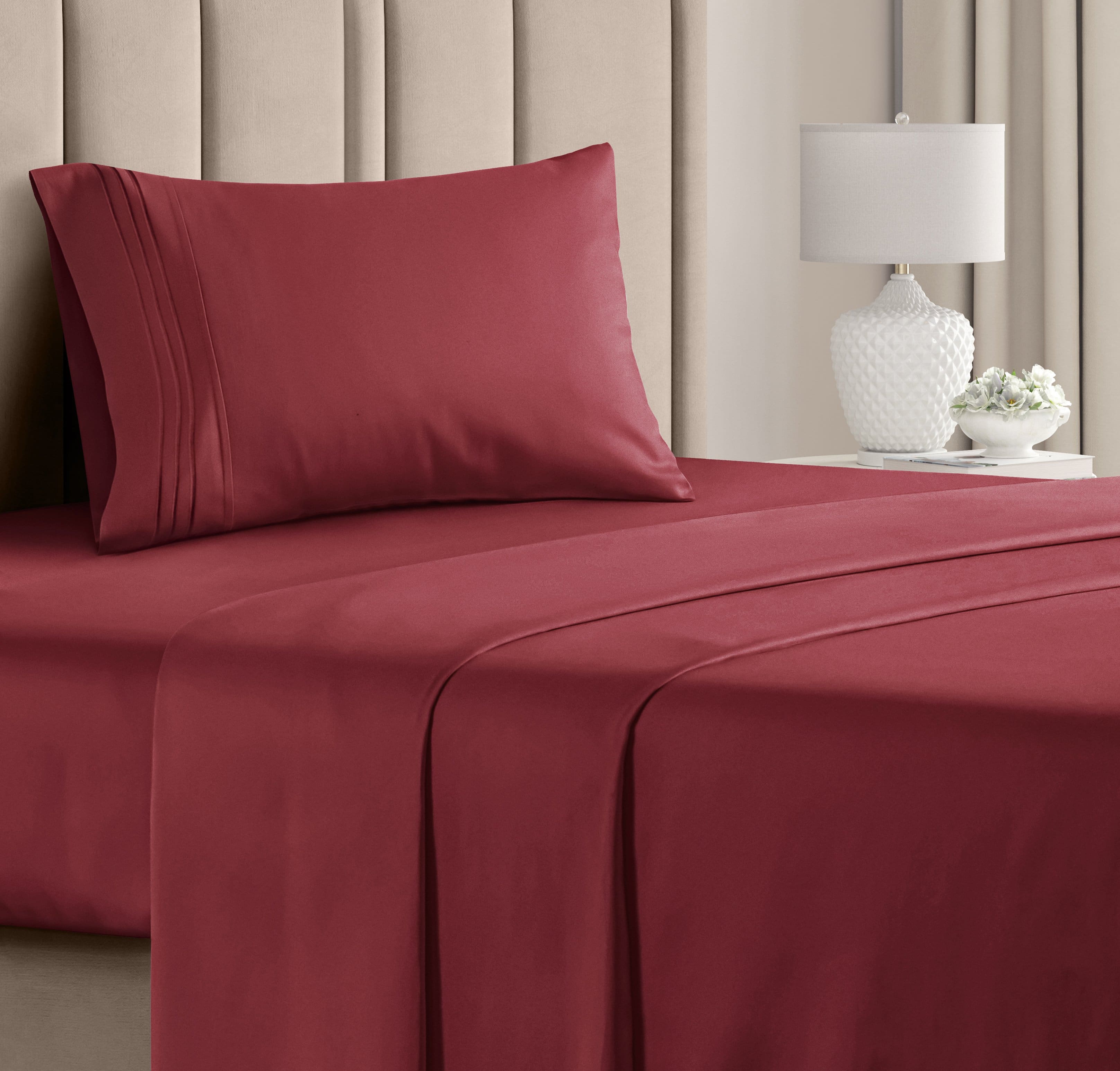 Front. CGK Linens - Luxury Soft 4 Piece Solid Bed Sheet Set - Deep Pocket Fits 8"-16" Mattresses - Twin - Burgundy.