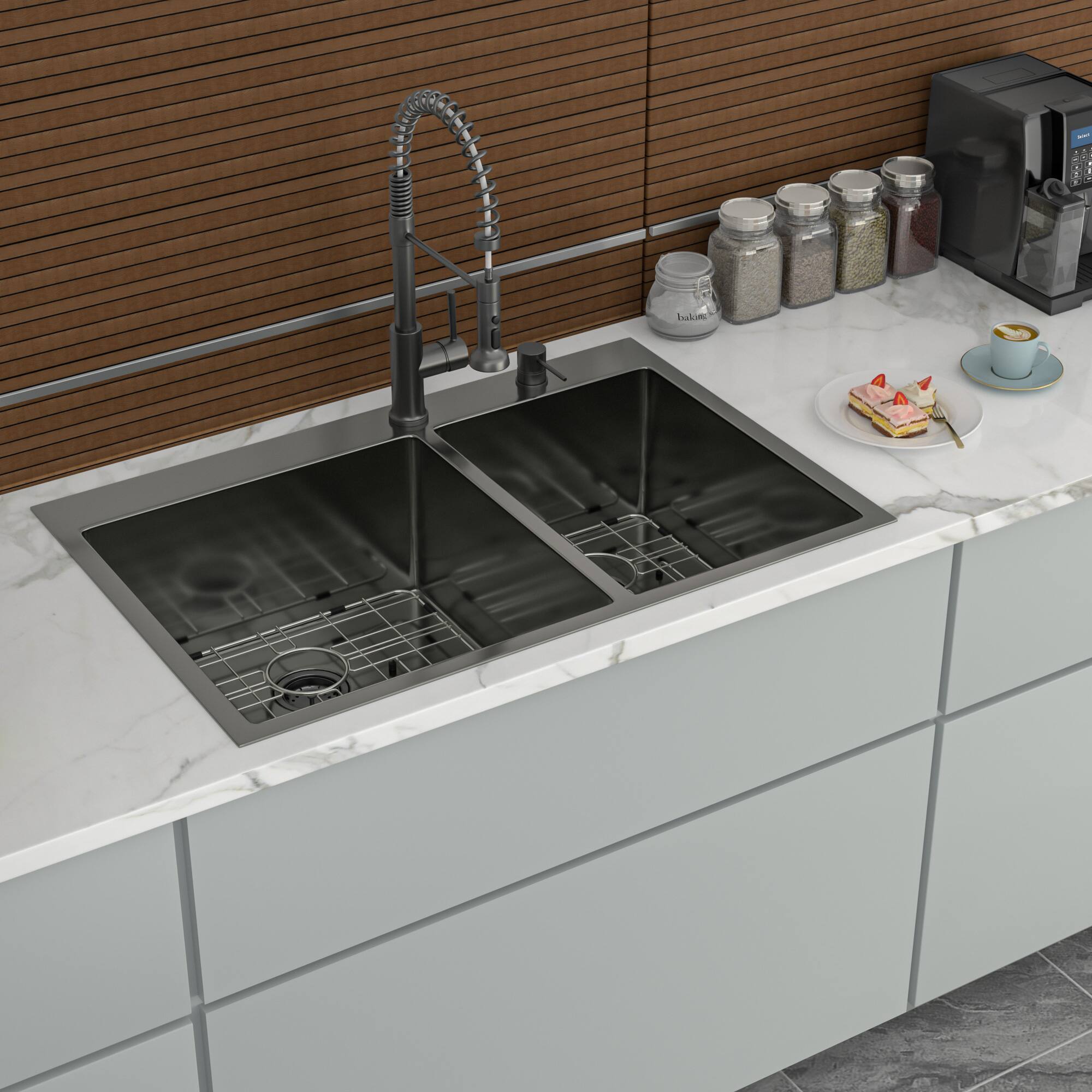 Angle. Siljoy - Double Bowl Drop in Sink- 33" x 22" x 10" Gunmetal Black Kitchen Sink 16 Gauge with Two Deep Basin(60/40) - Gunmetal Black.