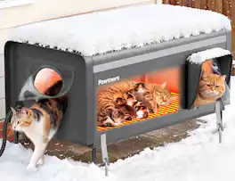 Pawtners - 32" Heated Outdoor Cat House. Insulated, weatherproof, with heated pad, elevated feet & escape door - Gray