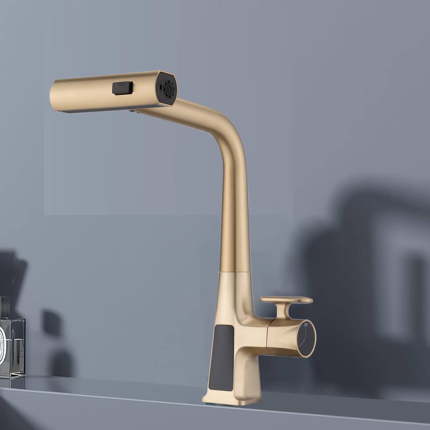Angle. APRILSOUL - Kitchen Faucet with Temperature Display Single Handle Kitchen Faucet with Pull Down Sprayer Three Water Outlet Modes - Brushed Gold.
