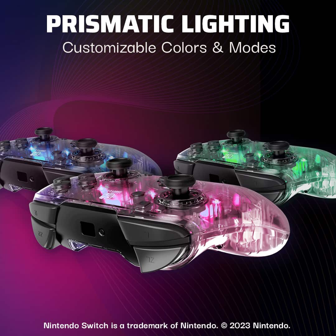 PRISMATIC LIGHTING Customizable Colors & Modes Nintendo Switch is a trademark of Nintendo. 2023 Nintendo.