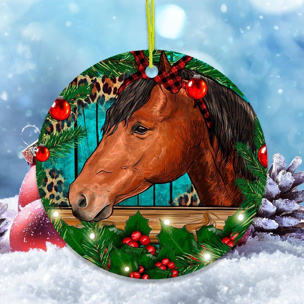 Back. OrnamentallyYou - Elegant Brown Horse in Christmas Wreath Ornament - Multi-colored.