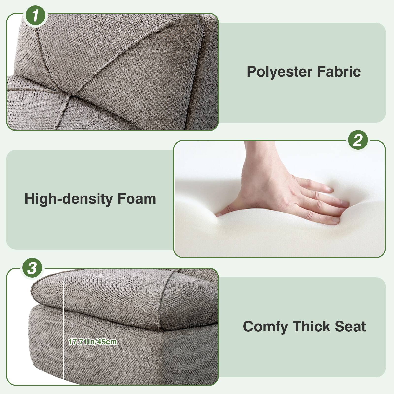 1. Polyester Fabric  
2. High-density Foam  
3. Comfy Thick Seat  
   17.71in/45cm