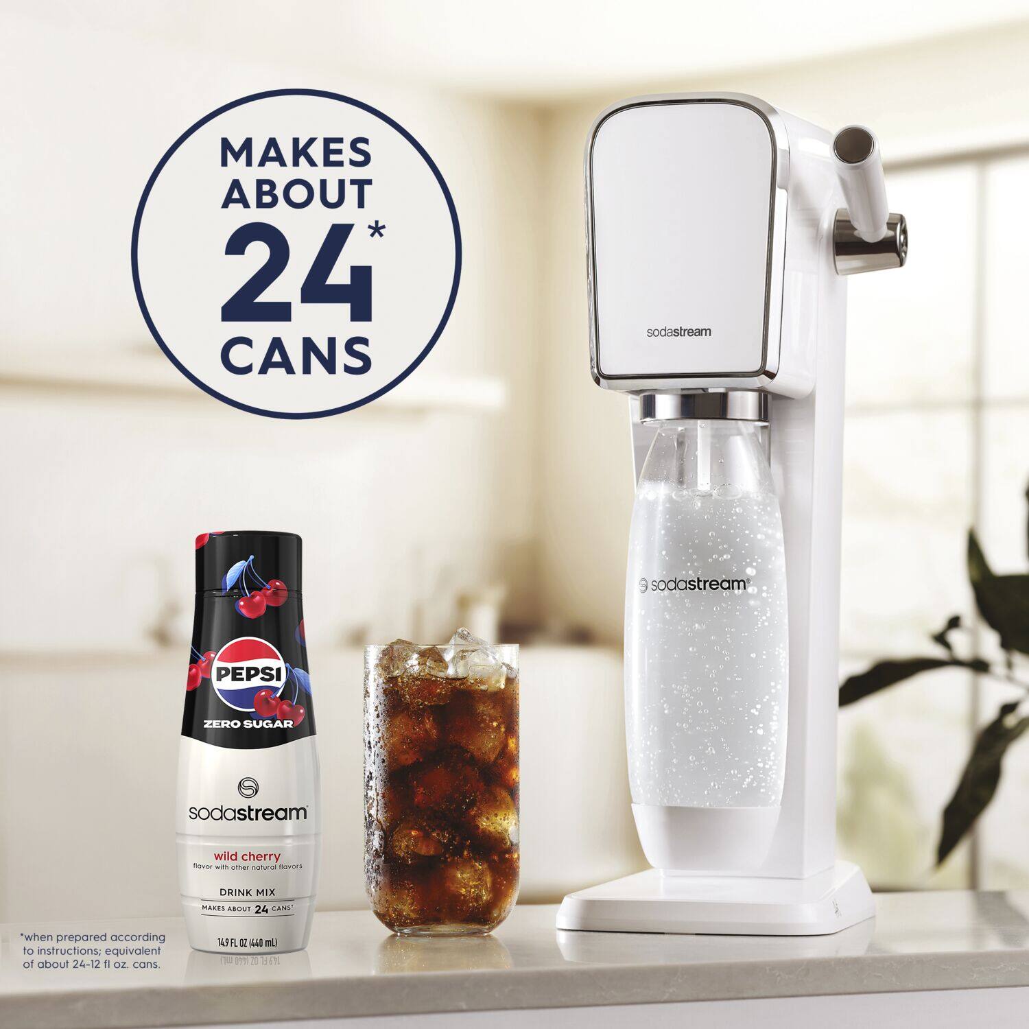 Makes about 24 CANS sodastream 9 sodastream PEPSI ZERO SUGAR sodastream wild cherry when prepared according to instructions: equivalent of about 24-12 oz cans.