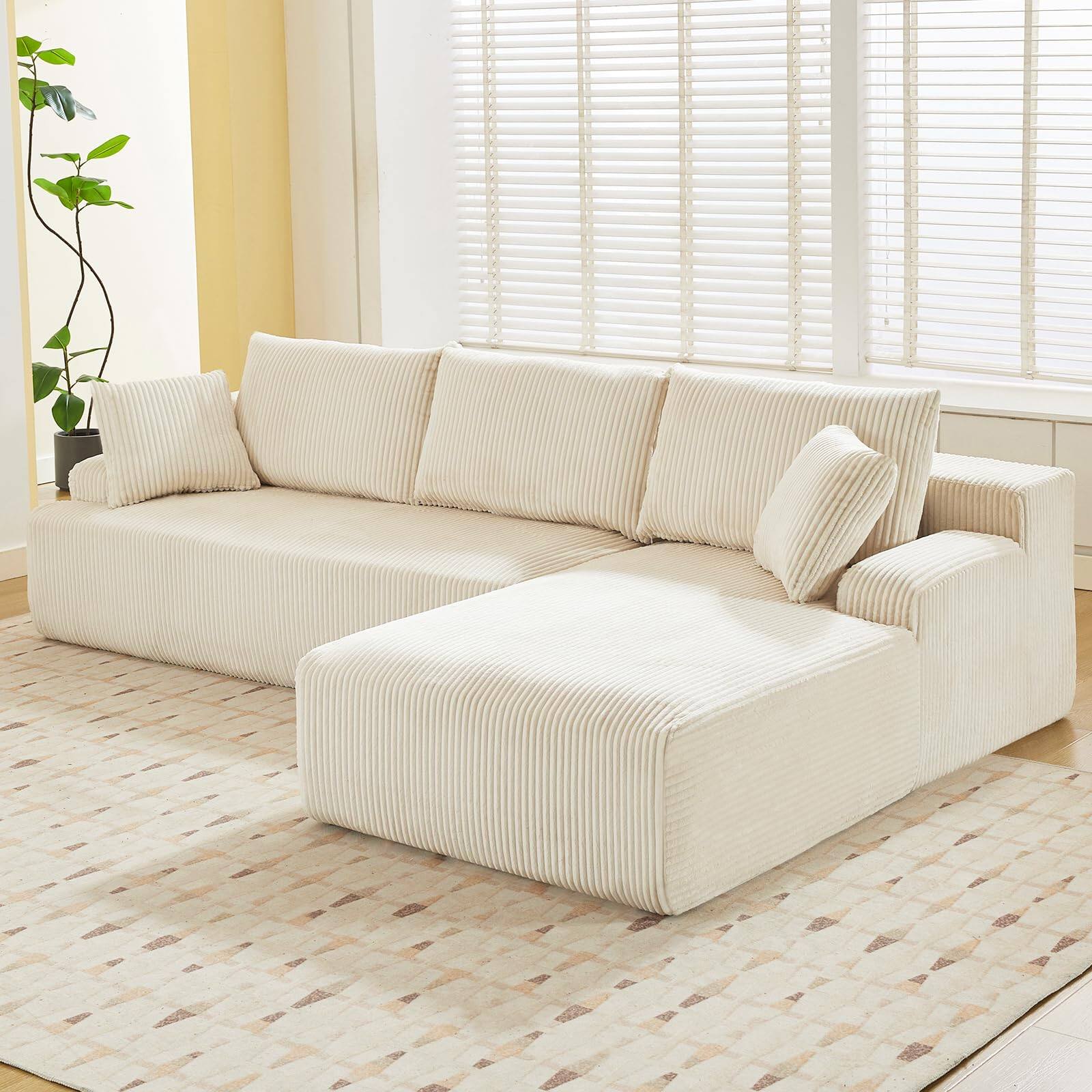 Alt View 3. Babevy - 106" Modular L-Shaped Cloud Couch, Deep Seat Corduroy Sectional Sofa with Memory Foam, L/R Facing Chaise - Beige.