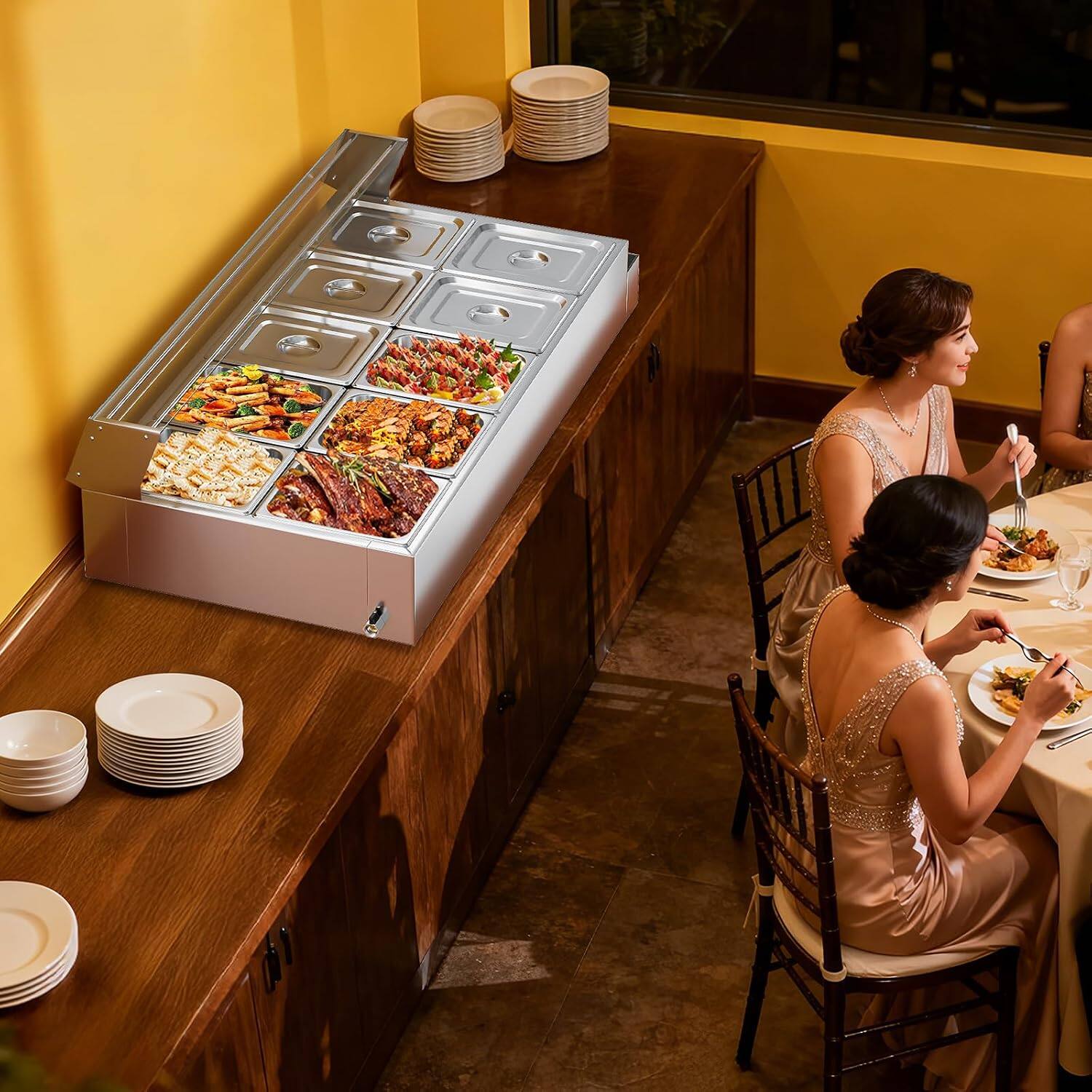 Alt View 7. Winado - 120QT Electric Commercial Food Warmer 1700W, 10-Pan Steam Table 12QT/Pan Stainless Steel Bain Marie with Acrylic Shield - Silver.