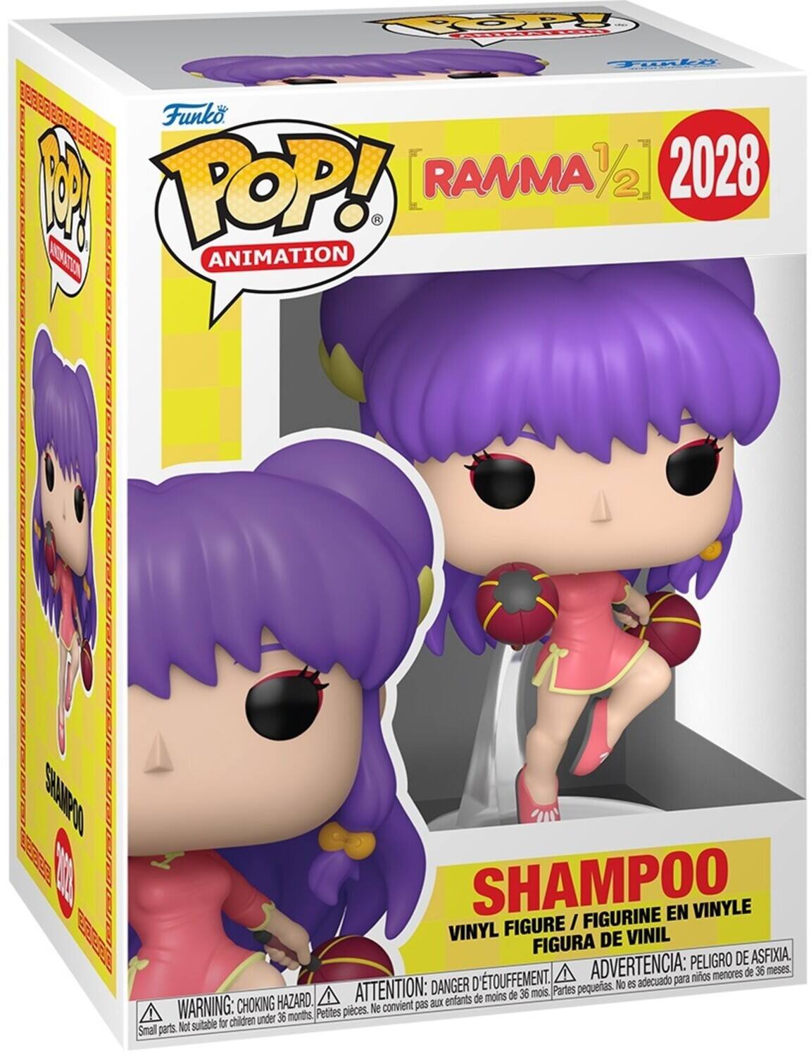 Sure, here is the corrected and grouped text from the image:

---

**Funko POP! Animation**

**RANMA 1/2**

**2028**

**SHAMPOO**

**VINYL FIGURE / FIGURINE EN VINYLE / FIGURA DE VINIL**

**WARNING: CHOKING HAZARD. Small parts. Not suitable for children under 36 months.**

**ATTENTION: DANGER D'ÉTOUFFEMENT. Petites pièces. Ne convient pas aux enfants de moins de 36 mois.**

**ADVERTENCIA: PELIGRO DE ASFIXIA. Partes pequeñas. No es adecuado para niños menores de 36 meses.**

---

This text includes all the relevant information from the packaging, grouped and corrected for clarity.