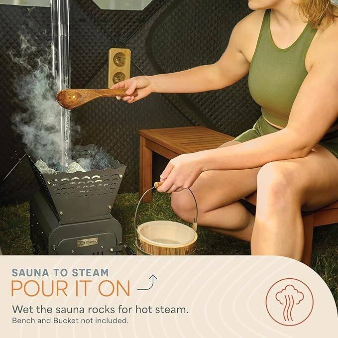 SAUNA TO STEAM  
POUR IT ON  

Wet the sauna rocks for hot steam.  
Bench and Bucket not included.