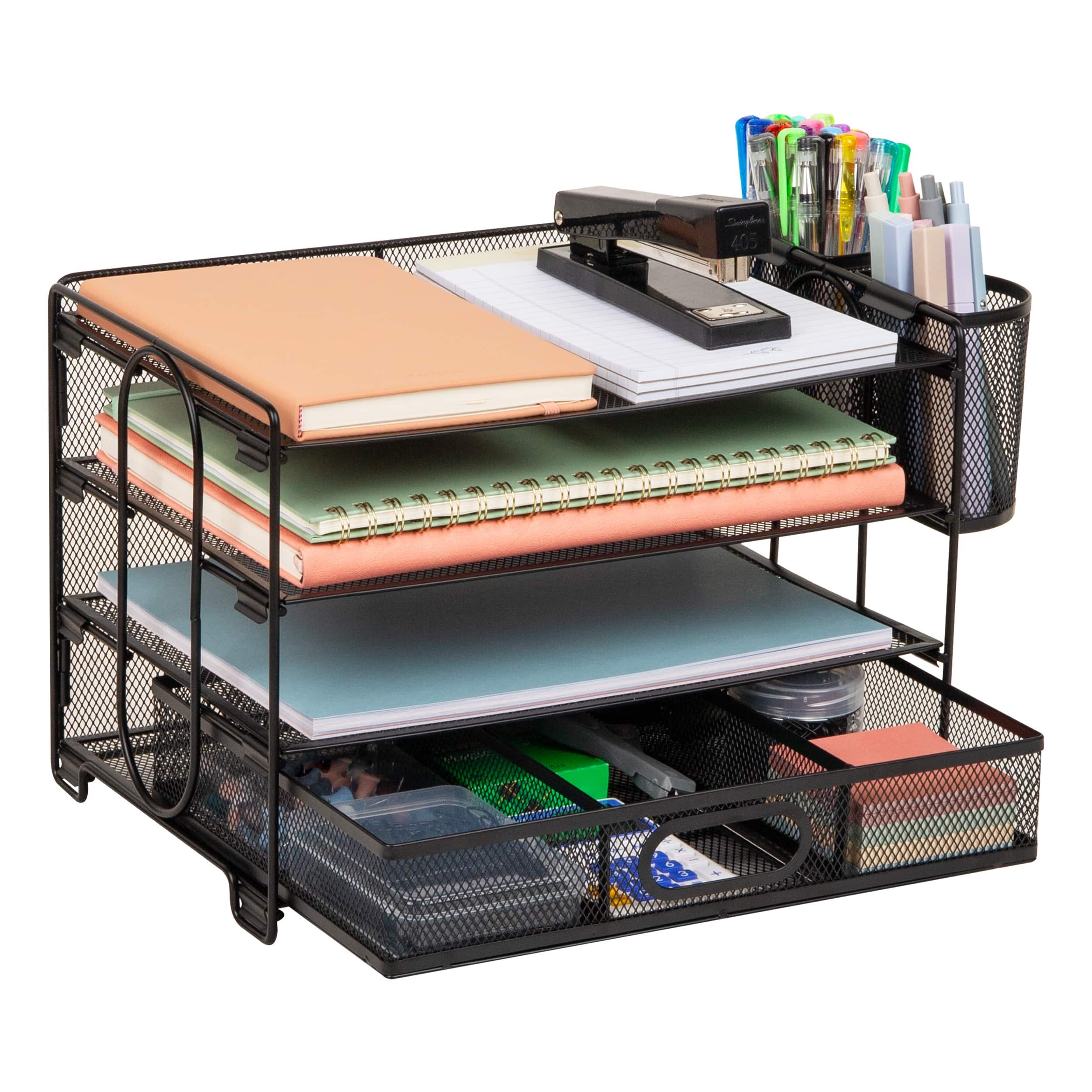 Front. Mind Reader - Mesh Desk Organizer, 3 Trays, 1 Drawer, 2 Pen Holders, Office Desktop Organizer, Metal Mesh - Black.