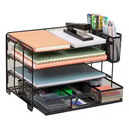 Mind Reader - Mesh Desk Organizer, 3 Trays, 1 Drawer, 2 Pen Holders, Office Desktop Organizer, Metal Mesh - Black