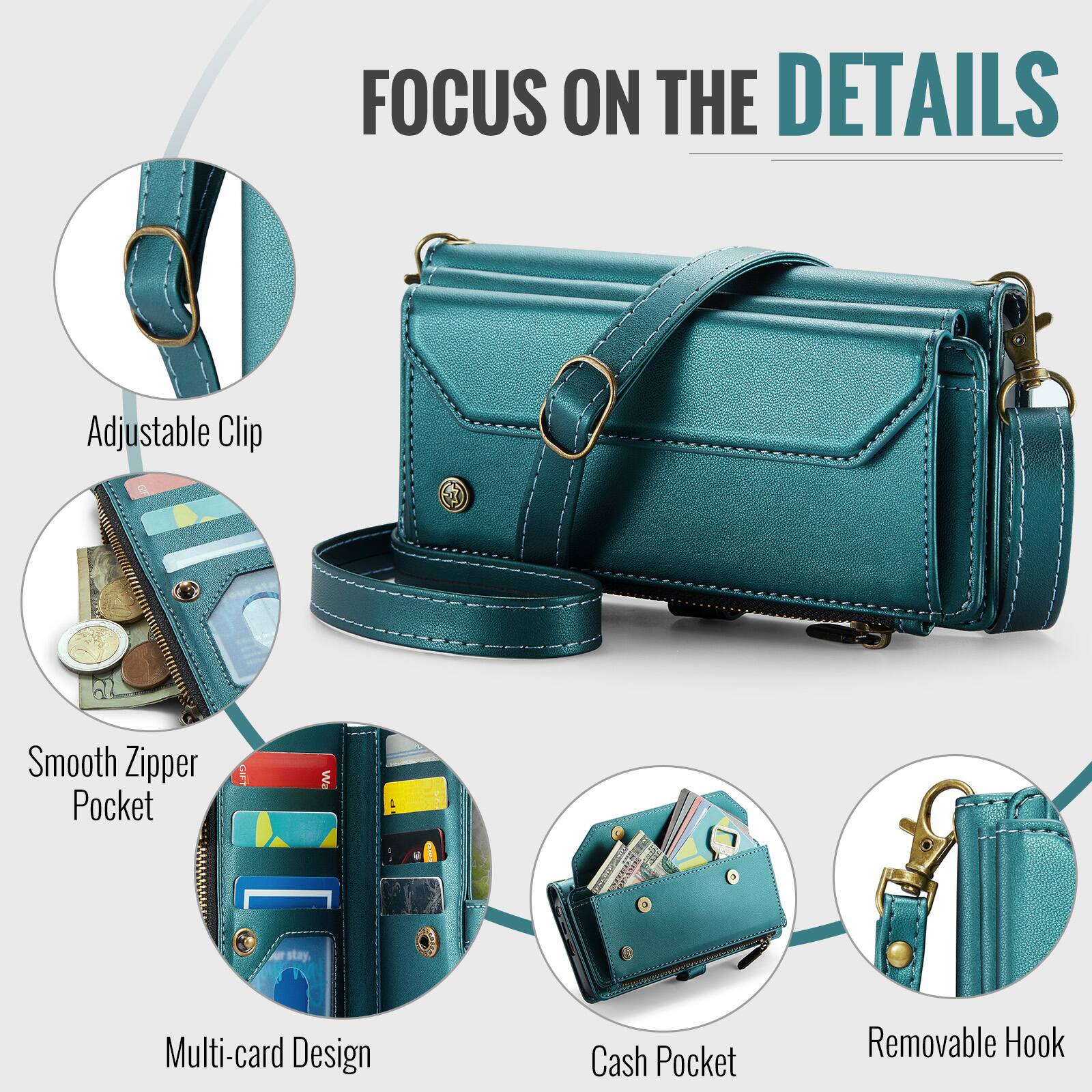 FOCUS ON THE DETAILS

- Adjustable Clip
- Smooth Zipper Pocket
- Multi-card Design
- Cash Pocket
- Removable Hook