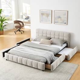 LUCKY ONE - Queen Size Chenille Upholstered Bed Frame With Drawer - Beige