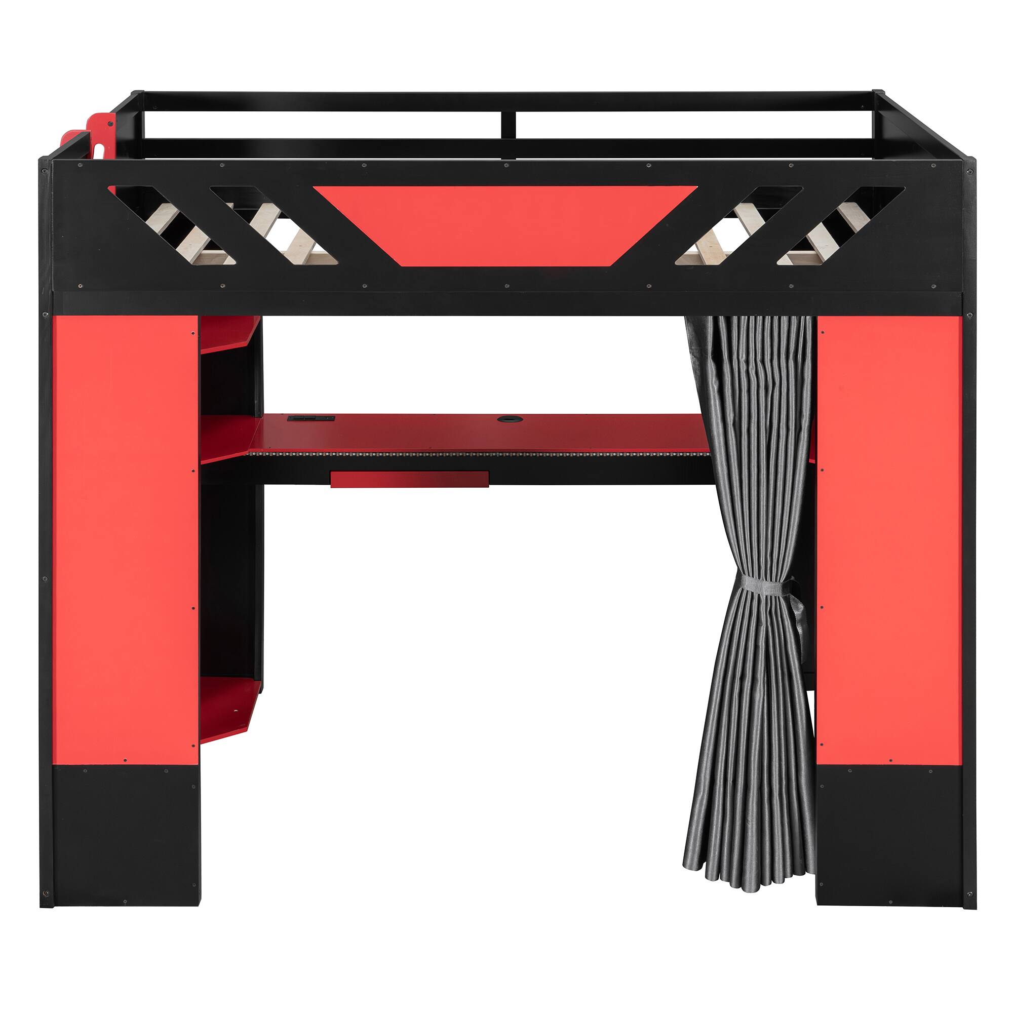 Back. Anysun - Full Size Wood Loft Bed with,Shelves,Blackout Curtains,and RGB Lights - Red.