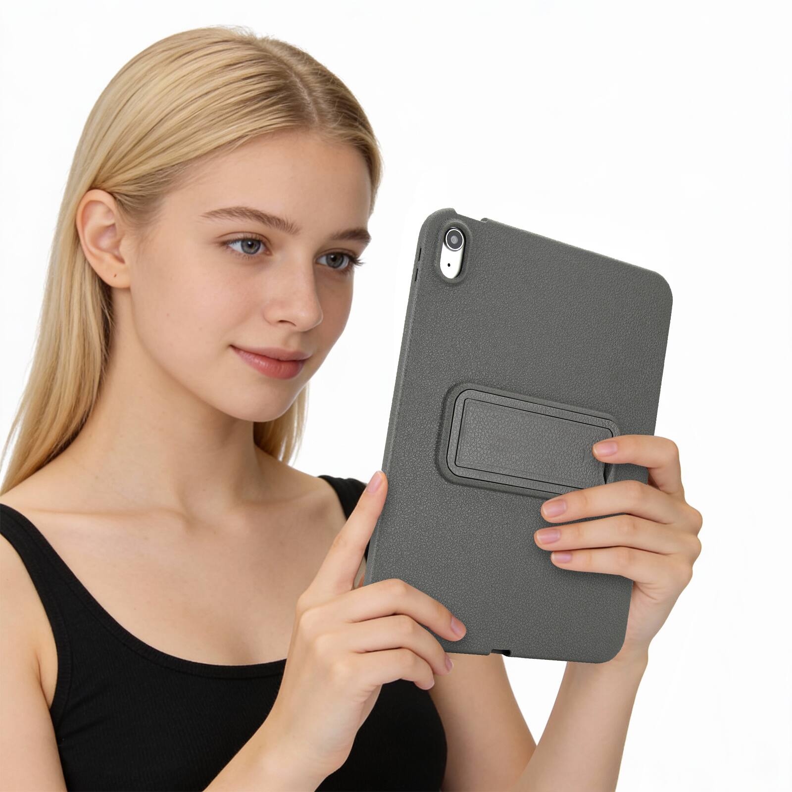 Back. Dteck - Shockproof Case for Apple iPad Air (M2) 11" 2024, Rugged Slim Leather Texture Protective Cover with Folding Kickstand - Gray.