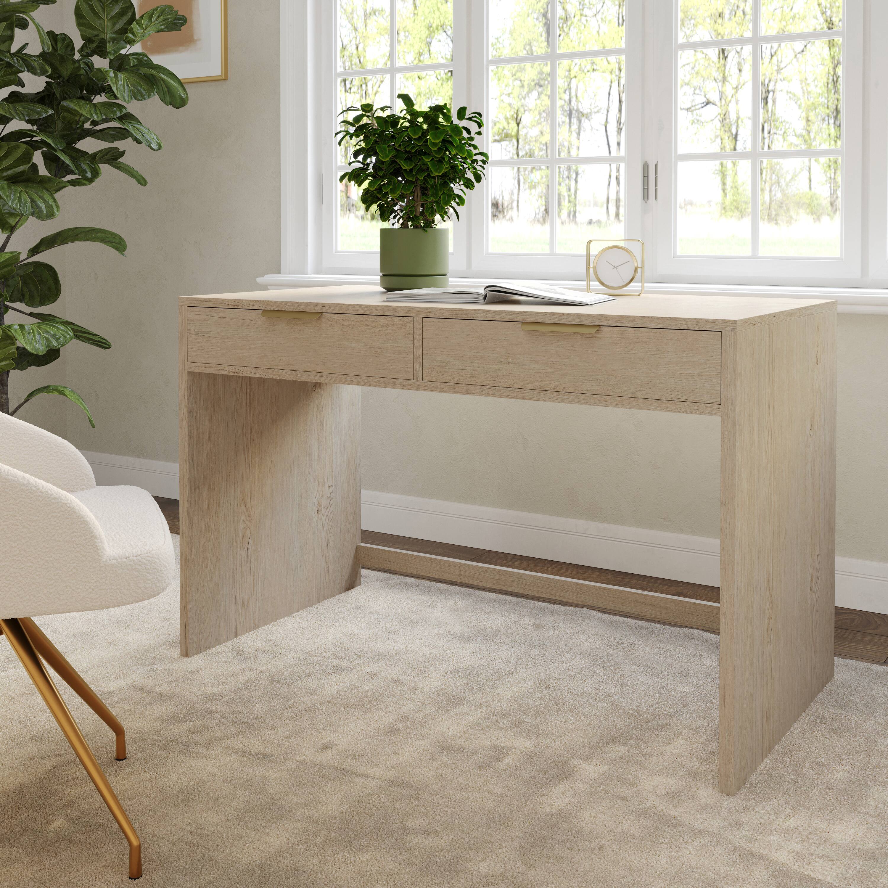 Alt View 1. Martha Stewart - Kayden Home Office Modular Desk with 2 Drawers - Light Natural Frame/Brushed Gold Hardware.