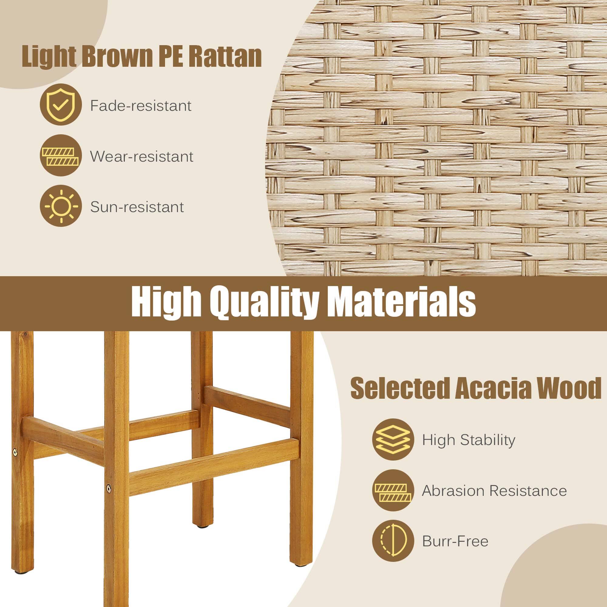 Light Brown PE Rattan
Fade-resistant
Wear-resistant
Sun-resistant

High Quality Materials
Selected Acacia Wood
High Stability
Abrasion Resistance
Burr-Free