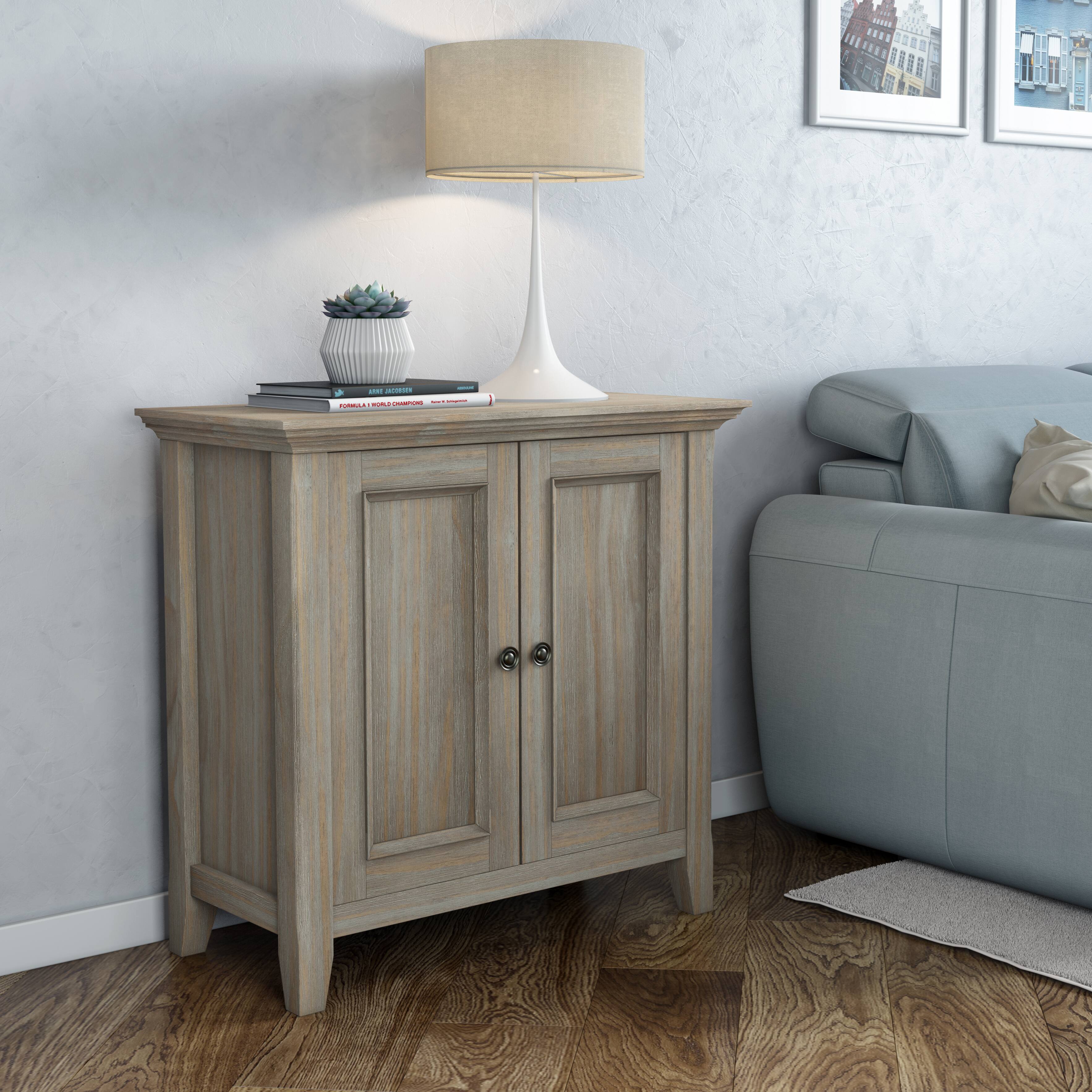 Left. Simpli Home - Amherst Low Storage Cabinet - Distressed grey.