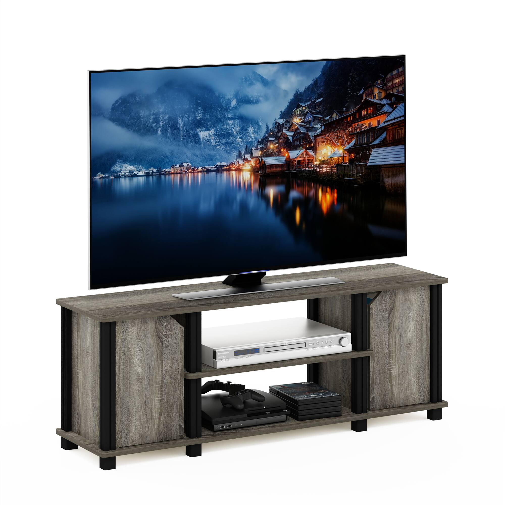 Alt View 5. Furinno - Simplistic TV Stand with Shelves and Storage - French Oak/Black.