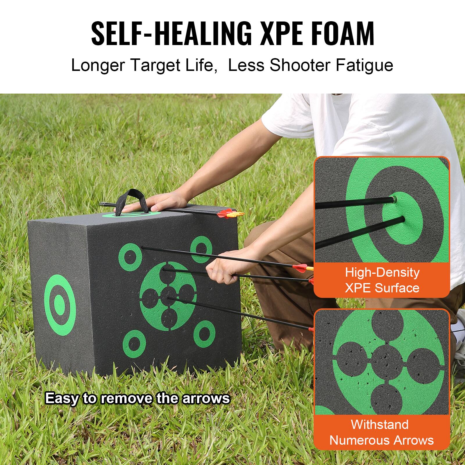SELF-HEALING XPE FOAM  
Longer Target Life, Less Shooter Fatigue  

- High-Density XPE Surface  
- Easy to remove the arrows  
- Withstand Numerous Arrows