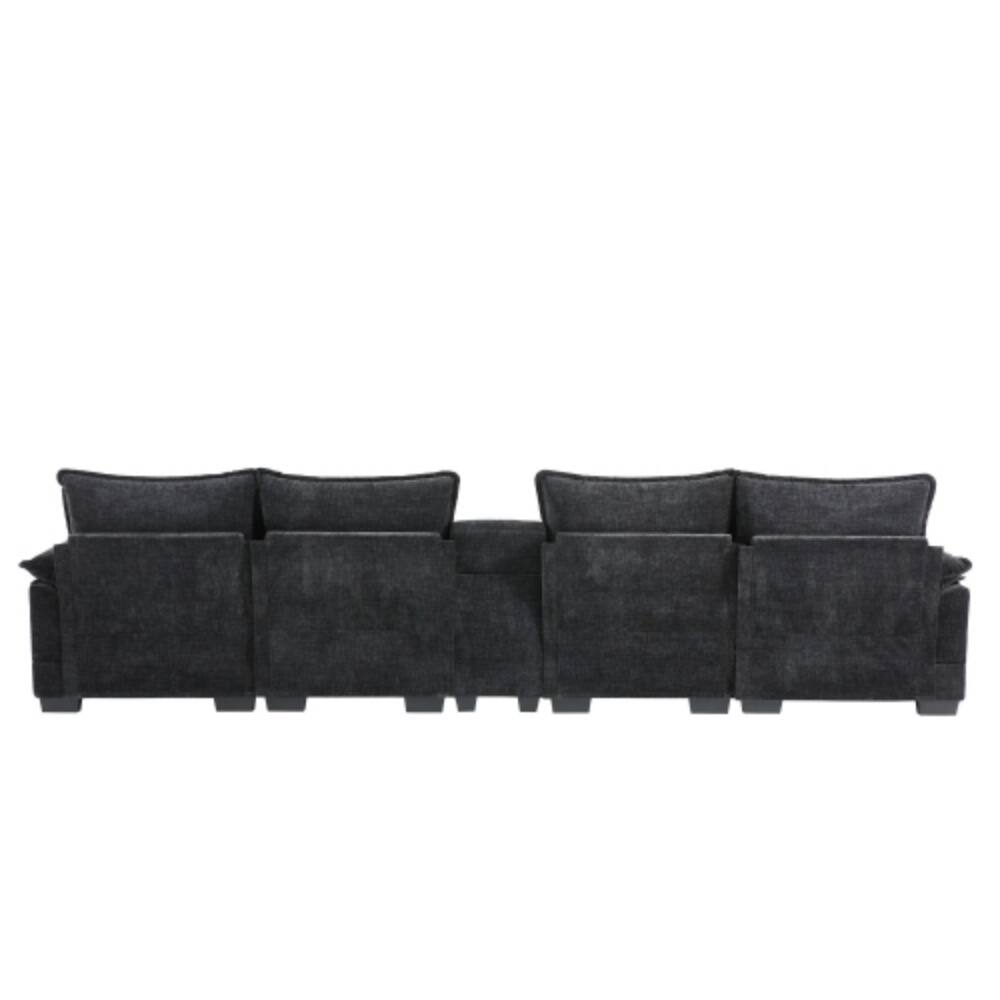 Alt View 7. LUCKY ONE - 123" U-Shaped 6-Seat Symmetrical Cloud Sectional Sofa w/ Console Cup Holders USB Charger Chaise - Black.