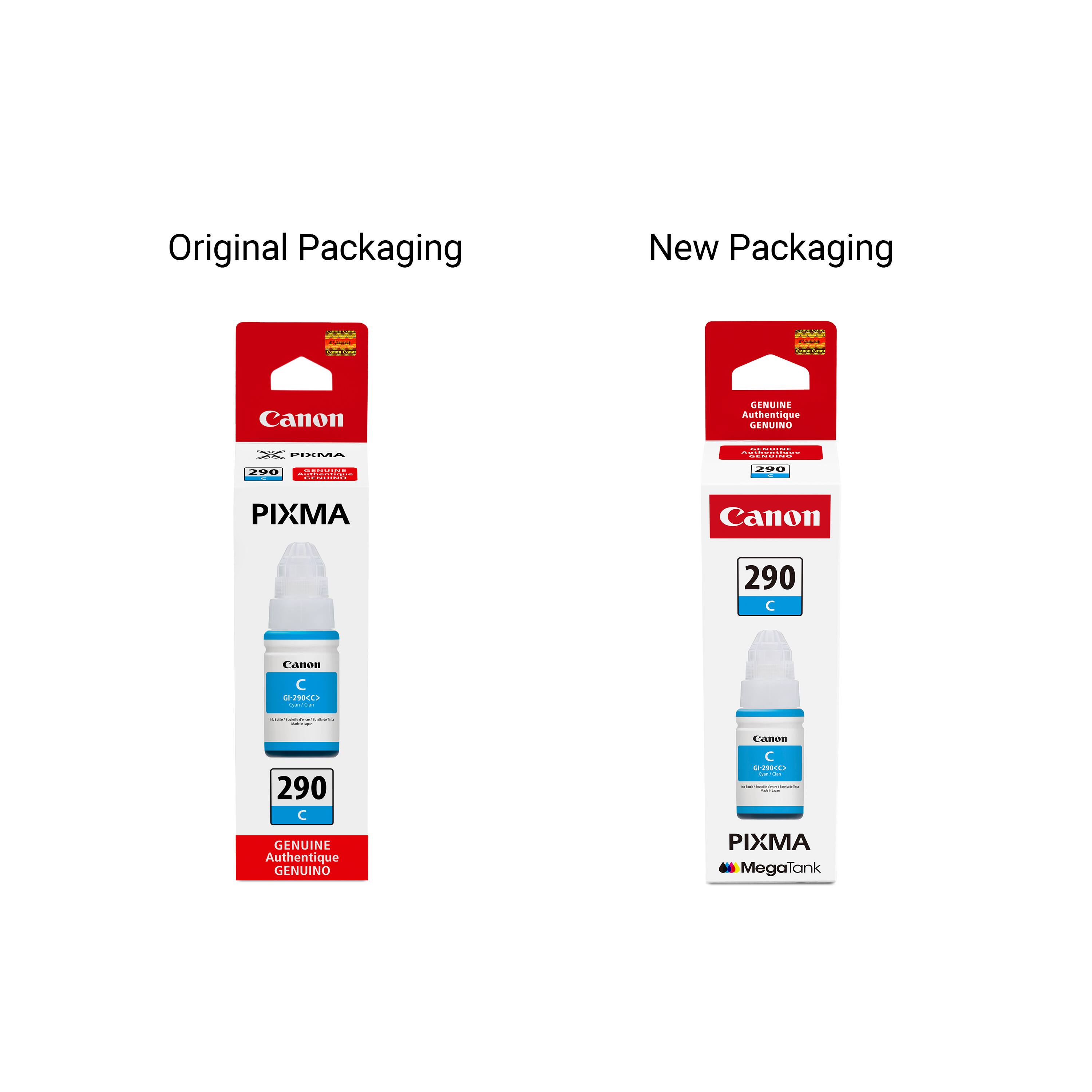 Original Packaging  
Canon GENUINE Authentique GENUINO  
PIXMA 290 C  
GENUINE Authentique GENUINO  

New Packaging  
Canon GENUINE Authentique GENUINO  
PIXMA 290 C  
PIXMA MegaTank